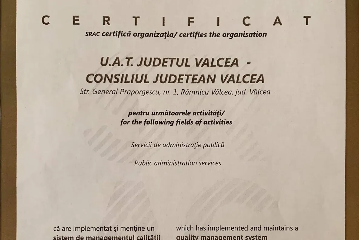 Consiliul Județean Vâlcea a obținut certificarea ISO 9001:2015 !
