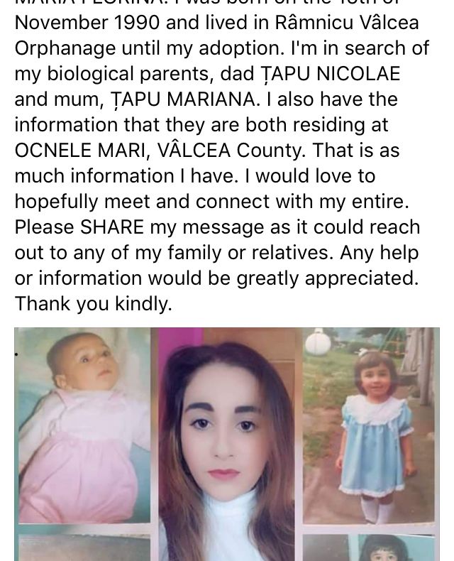 O tânară vâlceancă își caută părinții după 28 de ani