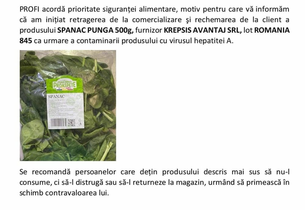 Pungi cu spanac proaspăt, contaminat cu virusul hepatitei A, depistat în magazine Profi